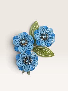 Lisner Vintage 1960s Molded Plastic Blue Flower Green Leaf Brooch Pin 2.96"